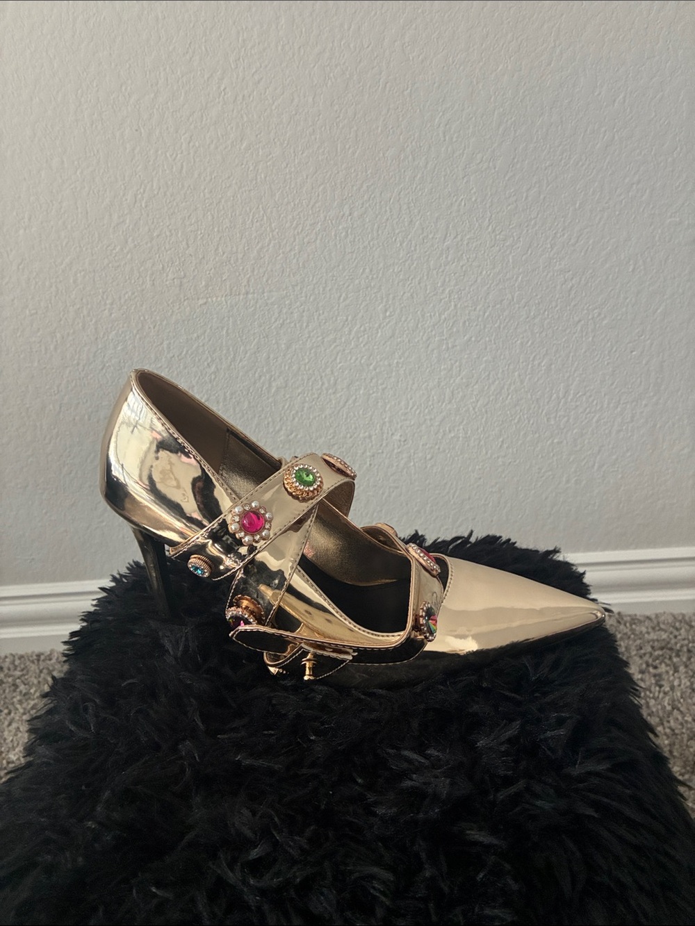 Azalea Wang Metallic Gold Jeweled Pointed-Toe Heels